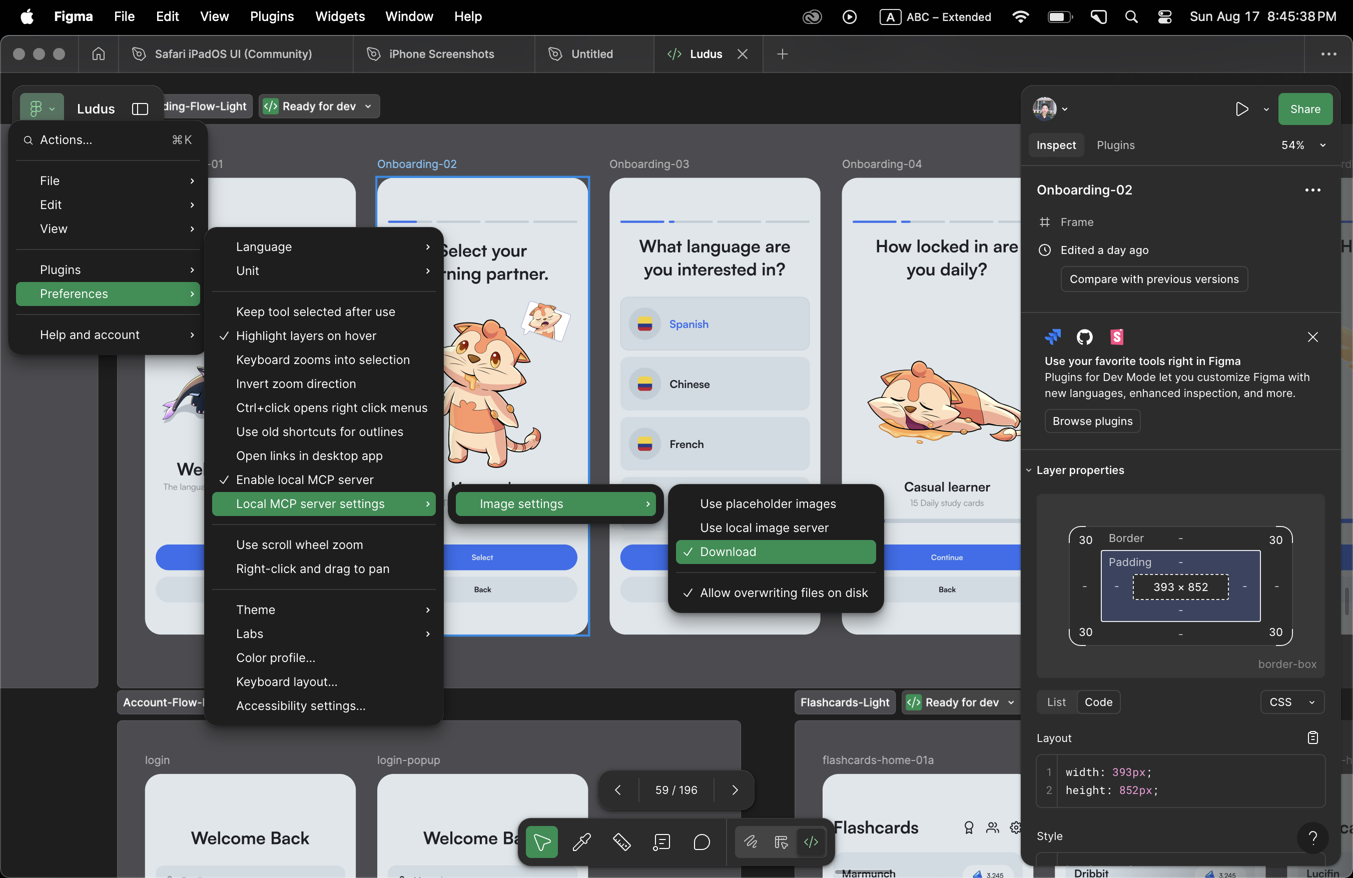 Figma MCP Settings showing Download mode and Allow overwriting files options